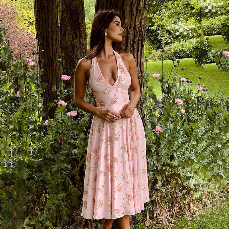 Sexy slim fit printed hanging neck A-list dress for women