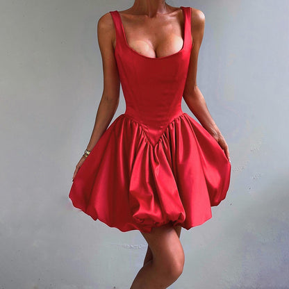 Slimming waist cinching flower bud suspender dress for women