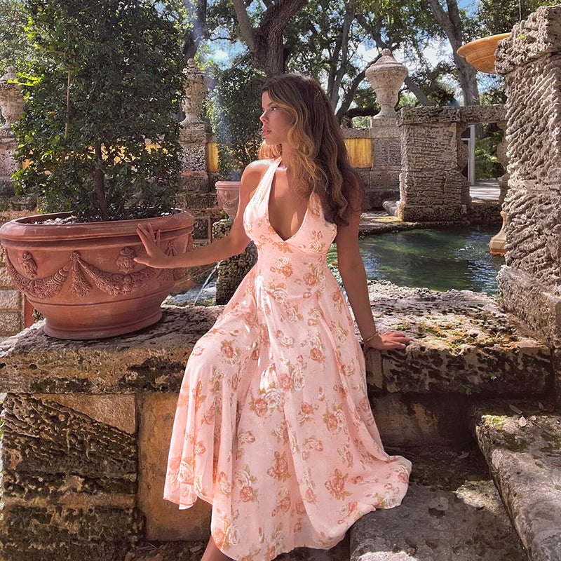 Sexy slim fit printed hanging neck A-list dress for women