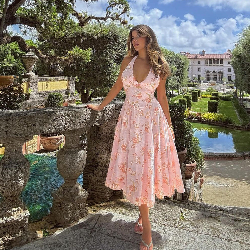 Sexy slim fit printed hanging neck A-list dress for women