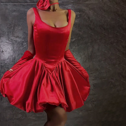 Slimming waist cinching flower bud suspender dress for women