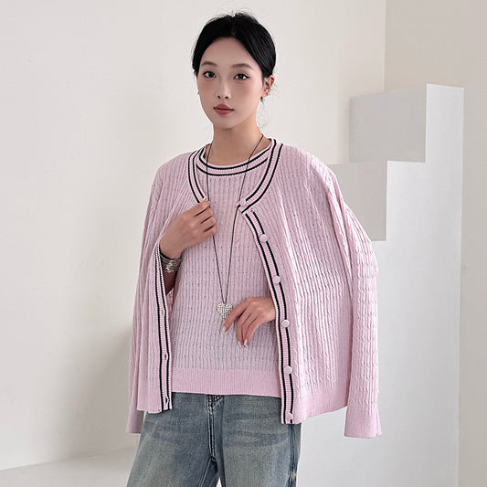 Fashion Korean Style Plus Size Loose Knit Sweater Two-Piece Set Cardigan + Vest Women's Top